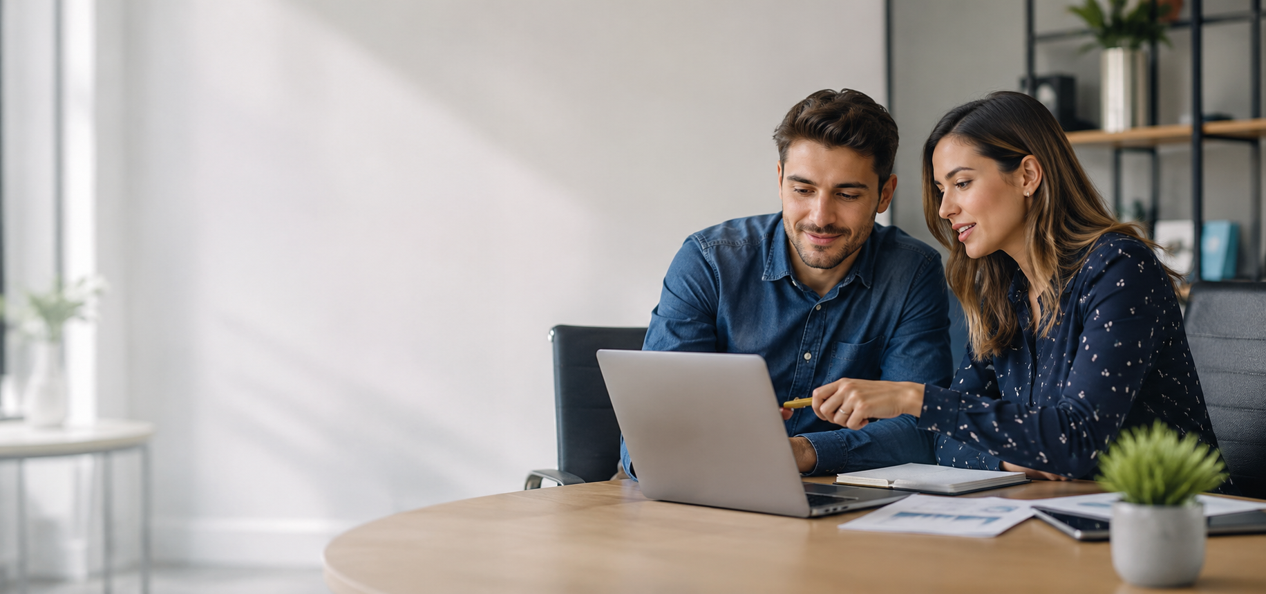 Pareja de emprendedores revisando su contabilidad con un asesor en una oficina moderna