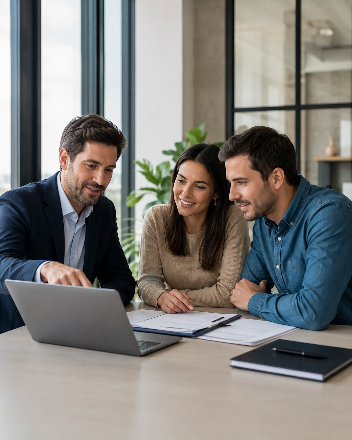 Asesor contable revisando información en una laptop con dos clientes en una oficina moderna